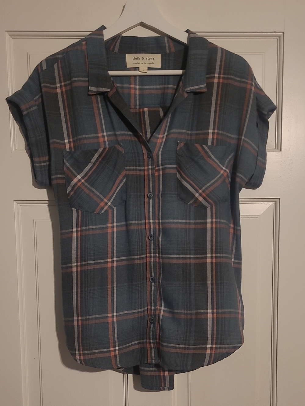 cloth & stone Green and Orange Plaid Short Sleeve Button-Down Shirt